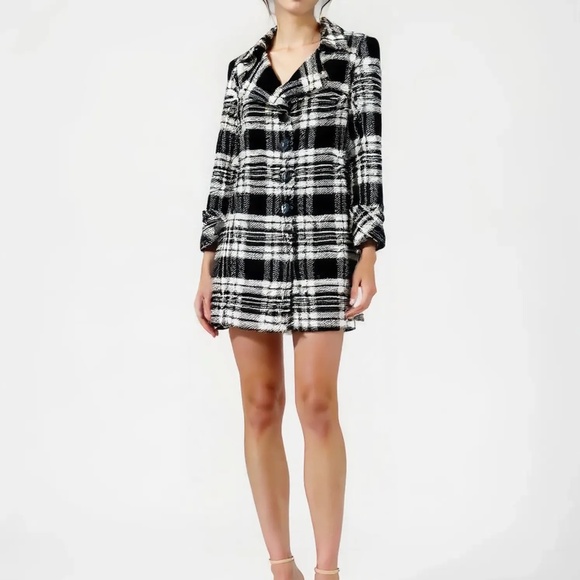 Vintage MICHAEL KORS Wool Plaid Winter Coat Black White Size 8 - Picture 1 of 6